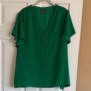 Vince Camuto Emerald V-Neck Blouse with Stud Accents